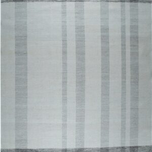 A low-pile, light gray rug featuring a dark gray plaid pattern and visible textured weave with fringe.