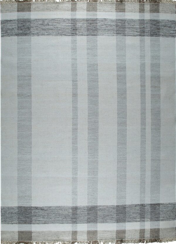 A low-pile, light gray rug featuring a dark gray plaid pattern and visible textured weave with fringe.
