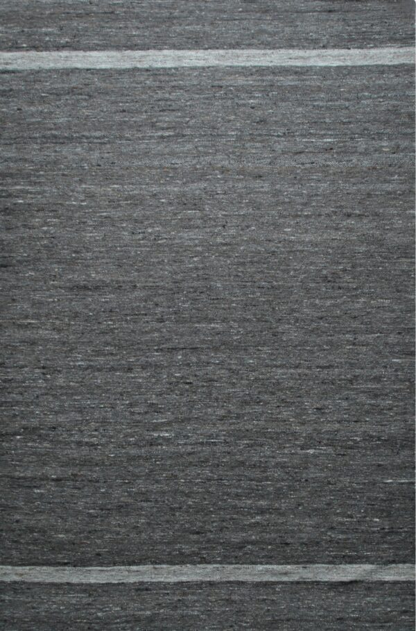 Textured dark gray flatweave rug with integrated flecks of light color and thin horizontal white stripes.