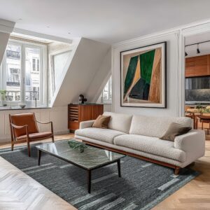 Dark gray abstract rug on a herringbone floor anchors a modern living room with a cream sofa.