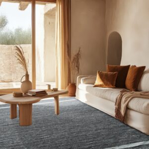A striated charcoal rug with a light stripe fills a sunny living room featuring exposed wood beams.