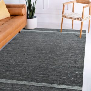 Textured dark gray area rug with pale gray stripes in a room featuring a leather sofa and wood chair.
