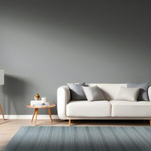 Gray striped rug on light wood flooring beneath a modern white sofa and dark gray wall.