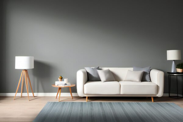 Gray striped rug on light wood flooring beneath a modern white sofa and dark gray wall.