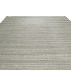 Muted gray flatweave rug with alternating horizontal bands of plain weave and detailed geometric patterns.