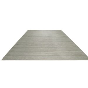 Pale gray flat woven rug featuring alternating horizontal stripes and subtle geometric patterns.