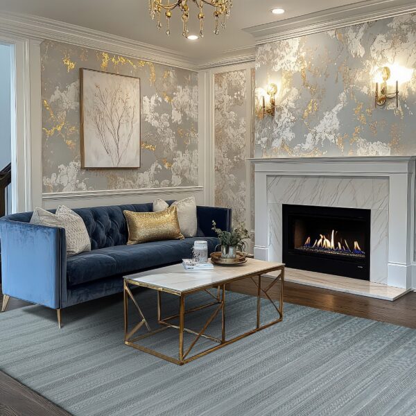 Slate blue low-pile rug with subtle striping layered over dark hardwood in a sophisticated living room.