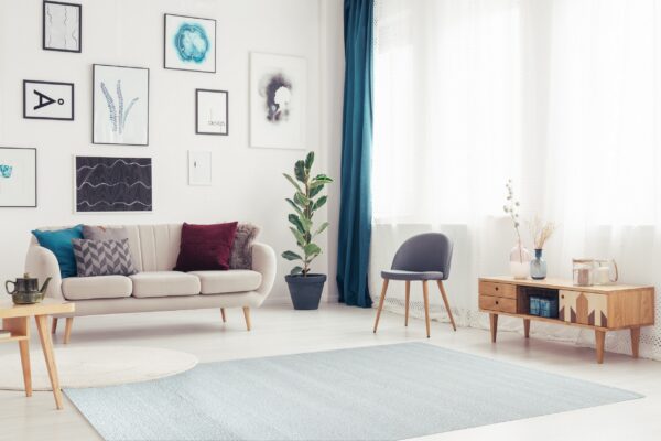 Light blue subtly textured rug on light wood floor next to a cream sofa and gallery wall.