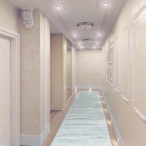 A textured light blue runner rug spans a long, bright hallway with wood floors and ornate molding.