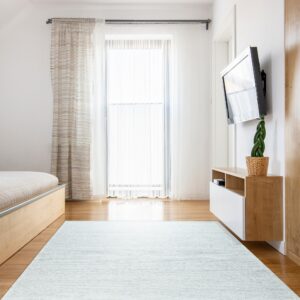 A large, pale blue textured low-pile rug grounds a bright room with wood floors and a bed.