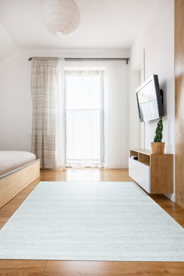 A large, pale blue textured low-pile rug grounds a bright room with wood floors and a bed.