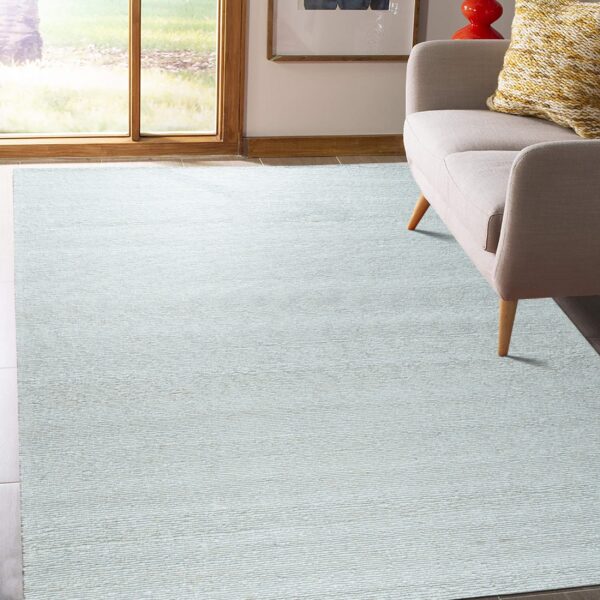 A light blue textured rug lies on the floor next to a neutral sofa in a brightly lit room.