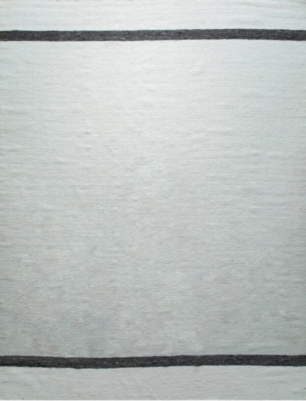 A light-colored, textured rug featuring bold horizontal dark gray stripes near the upper and lower edges.