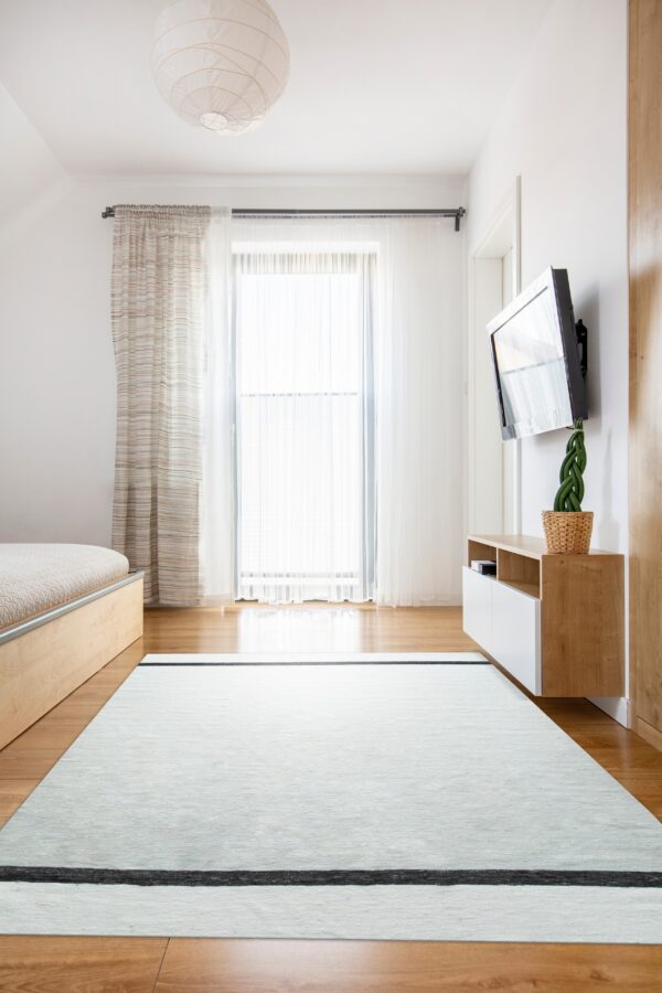 Light gray low-pile rug with a black stripe accents a bright room with hardwood floors and wood furniture.