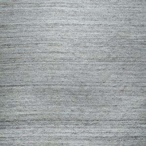 Full frame view of a light gray striated rug with two dark horizontal border lines.
