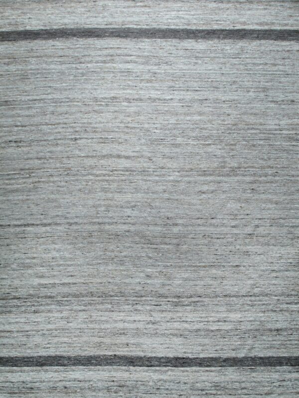 Full frame view of a light gray striated rug with two dark horizontal border lines.