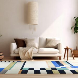 A modern abstract rug with white, blue, teal, orange, and gray blocks lies on a wood floor beneath a white sofa.