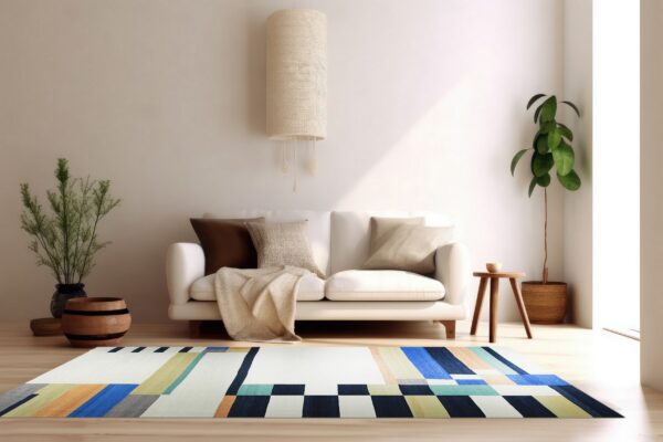 A modern abstract rug with white, blue, teal, orange, and gray blocks lies on a wood floor beneath a white sofa.