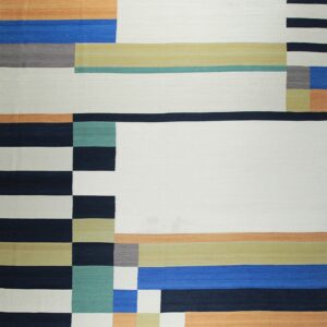 Abstract flat-weave rug with large geometric blocks in white, navy, blue, orange, green, and gray.