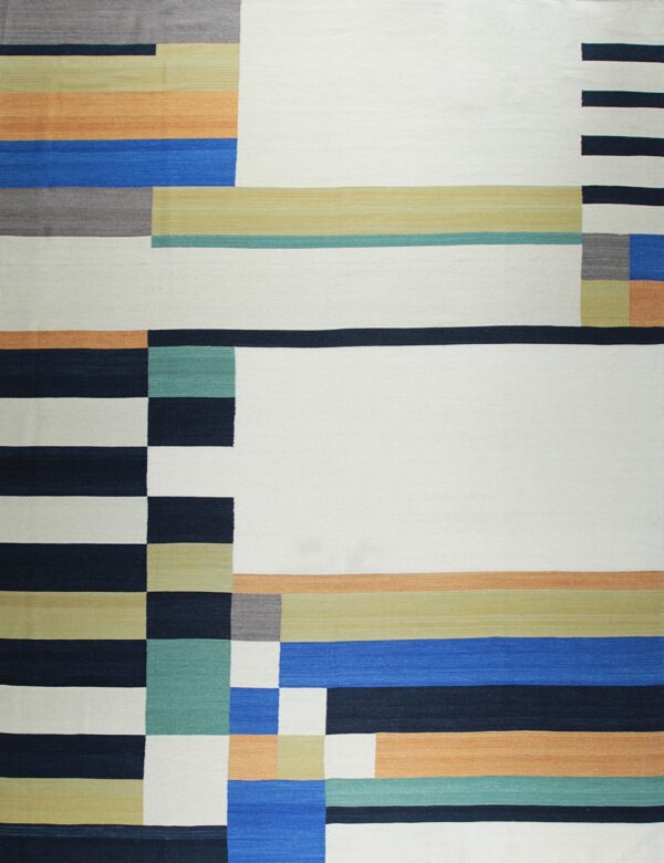 Abstract flat-weave rug with large geometric blocks in white, navy, blue, orange, green, and gray.