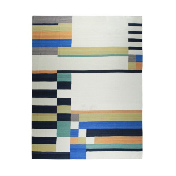 Flatweave rug with white, blue, navy, orange, and green geometric blocks and stripes.