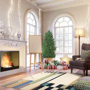 Cream geometric rug featuring blue, green, and tan blocks on wood flooring in a festive room.