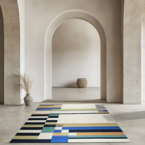 A low-pile runner with colorful abstract stripes and blocks sits on gray concrete floors under large archways.
