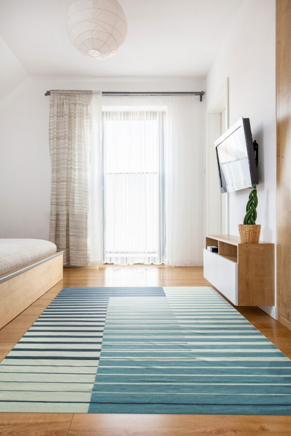 Blue and white striped rug featuring color blocks sits on hardwood floor in a bright bedroom.