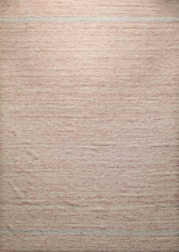 Textured, low-pile rug blending rose and cream colors, accented by thin gray horizontal stripes.