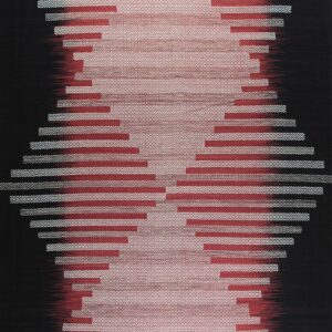 Geometric red, white, and black flatweave rug with an optical hourglass design composed of stacked stripes.