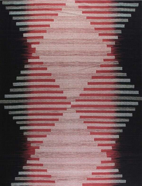 Geometric red, white, and black flatweave rug with an optical hourglass design composed of stacked stripes.