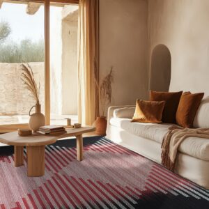 Geometric rug with red, white, and black diagonal stripes placed under a white sofa and wood coffee table.