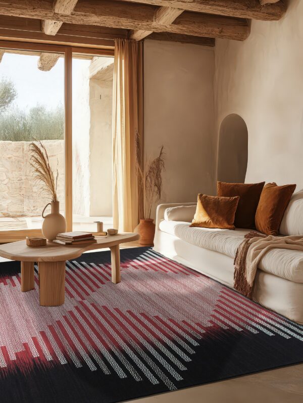 Geometric rug with red, white, and black diagonal stripes placed under a white sofa and wood coffee table.
