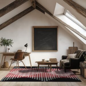 Black, red, and white dashed rug on light wood flooring in an attic room with exposed beams.