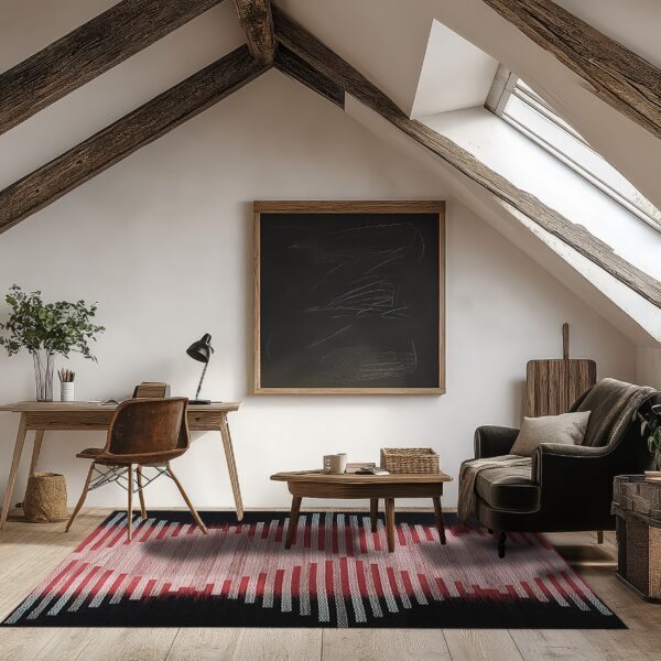 Black, red, and white dashed rug on light wood flooring in an attic room with exposed beams.