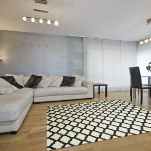 Black and cream quatrefoil rug on wood flooring in a modern living and dining room.