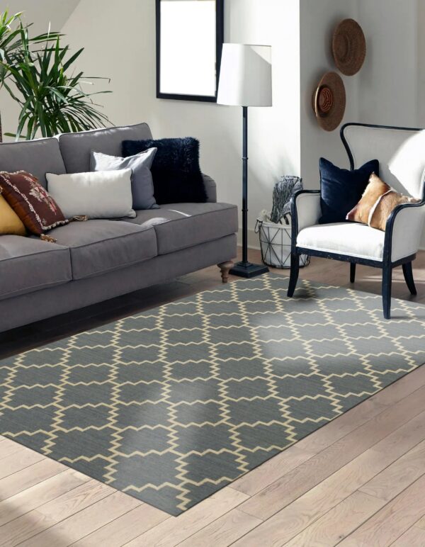 Geometric rug in blue-grey and beige zig-zag design lies on light hardwood flooring near a sofa.