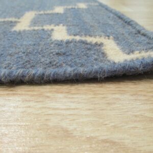 Close-up of a shaggy blue rug with a cream geometric pattern on light blonde wood flooring.