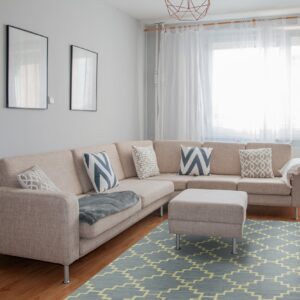 Gray-blue rug with cream geometric lines under a beige sofa and ottoman in a brightly lit room.