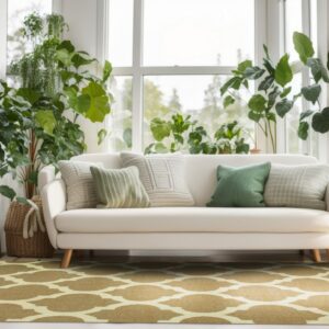 Gold and cream geometric rug below a white sofa surrounded by bright windows and plants.