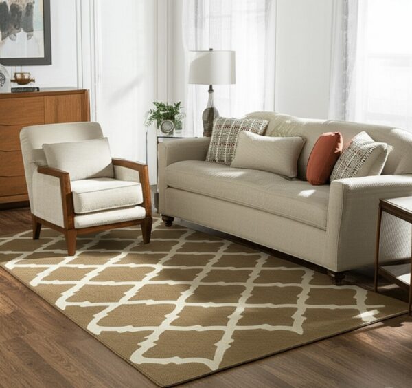Tan and cream geometric rug on wood flooring anchors a sitting area with beige seating and sheer curtains.
