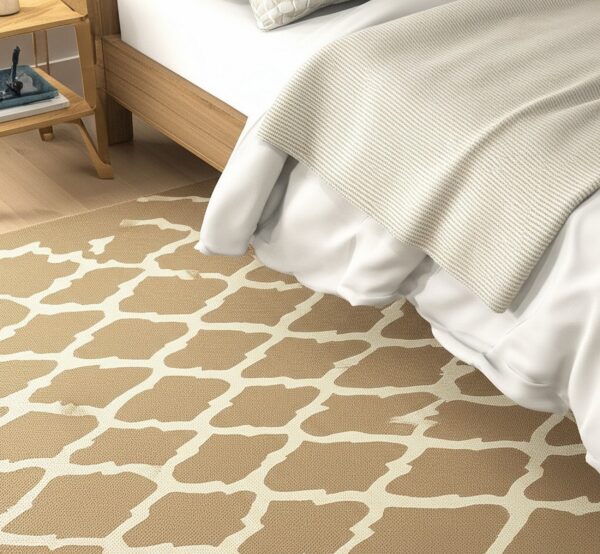 Tan and cream low pile rug with an irregular grid pattern next to a wooden bed and nightstand.