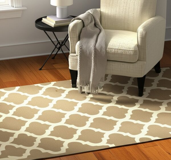 Tan rug with a large off-white lattice pattern under a textured armchair and side table.