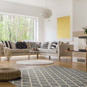 Gray flatweave rug with a light geometric lattice pattern in a bright modern living room.