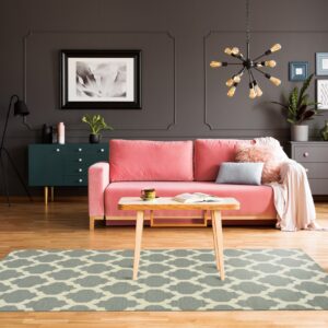 Geometric blue-gray and cream rug on wood floors centered in a dark, colorful living room.