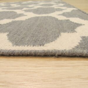 Close-up shows a thick grey and cream patterned rug edge resting on light wood flooring.