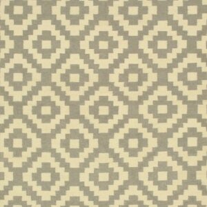 Flatweave rug with a repeating pattern of pale gray and cream stepped geometric diamonds.