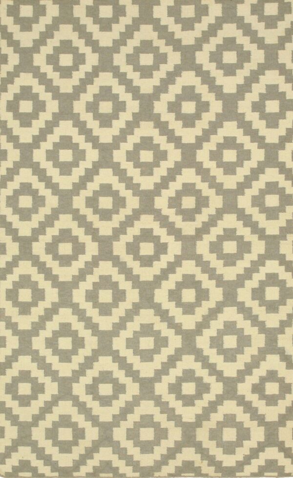 Flatweave rug with a repeating pattern of pale gray and cream stepped geometric diamonds.