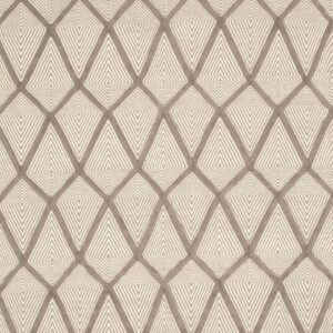 Gray and white rug displaying a geometric design of repeating elongated diamonds with linear infill.