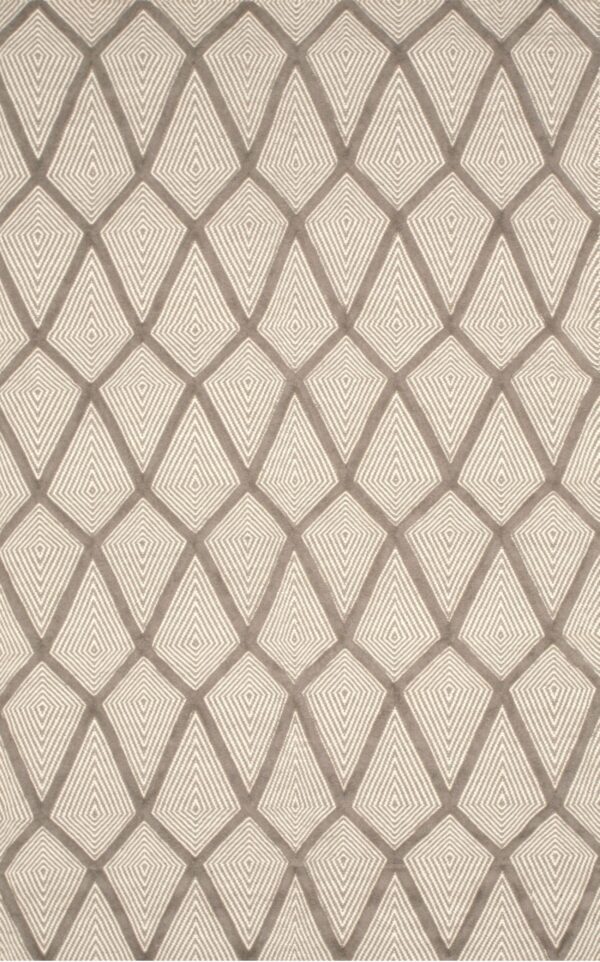 Gray and white rug displaying a geometric design of repeating elongated diamonds with linear infill.